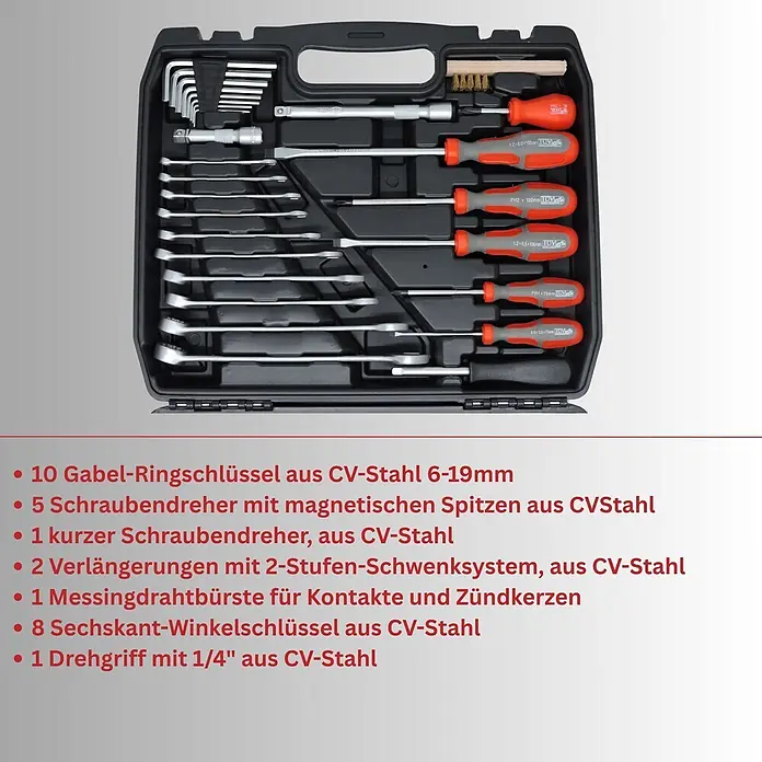 Famex Werkzeugkoffer - L x B x H: 41 x 31,5 x 9,5 cm, 86 -tlg. - Ein schwarzer Werkzeugkoffer gefüllt mit verschiedenen Werkzeugen aus Chrom-Vanadium-Stahl, darunter Schraubenschlüssel, Schraubendreher, Inbusschlüssel, Verlängerungen und eine Messingbürste.