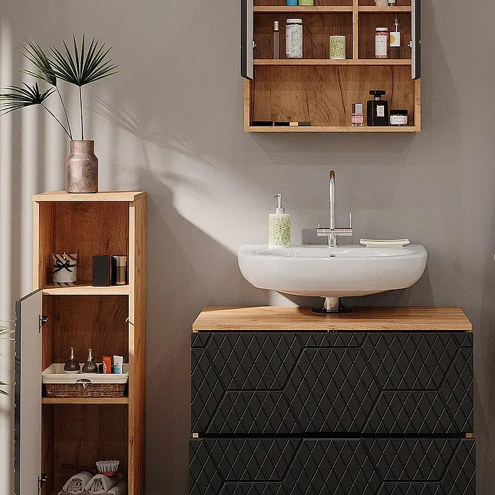 Vicco Badmöbel-Set Irma, Anthrazit mit Wabenstruktur 80 cm -  - Modernes Badezimmer mit schwarzem strukturiertem Waschtisch, hölzernem Seitenschrank, Wandregal und weißem Waschbecken.