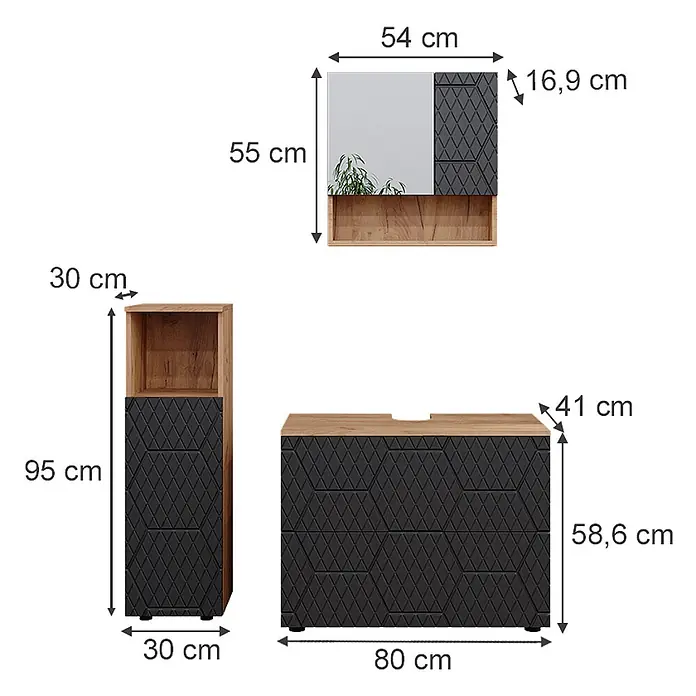 Vicco Badmöbel-Set Irma, Anthrazit mit Wabenstruktur 80 cm -  - Badezimmermöbel-Set aus hellem Holz und schwarzen Fronten mit geometrischer Textur: Hochschrank, Waschtischunterschrank und Spiegelschrank.