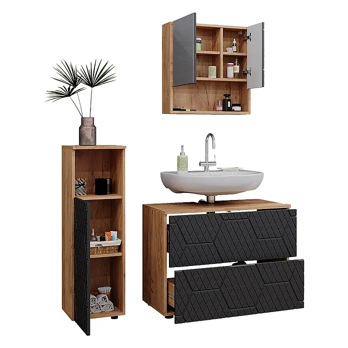 Vicco Badmöbel-Set Irma, Anthrazit mit Wabenstruktur 80 cm -  - Modernes Badezimmermöbelset aus hellem Holz und Schwarz, bestehend aus Wandschrank, Waschbeckenunterschrank und hohem Beistellschrank.