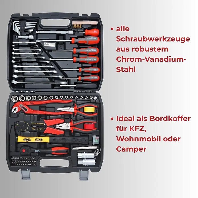 Famex Werkzeugkoffer - L x B x H: 41 x 31,5 x 9,5 cm, 86 -tlg. - Schwarzer Werkzeugkoffer mit Schraubenziehern, Schraubenschlüsseln, Zangen, Bits und Stecknüssen aus Chrom-Vanadium-Stahl, ideal für Kfz oder Camping.