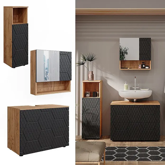 Vicco Badmöbel-Set Irma, Anthrazit mit Wabenstruktur 80 cm -  - Modernes Badezimmermöbel-Set in heller Holzoptik mit schwarzen geometrischen Fronten, bestehend aus Hochschrank, Spiegelschrank und Waschtischunterschrank.