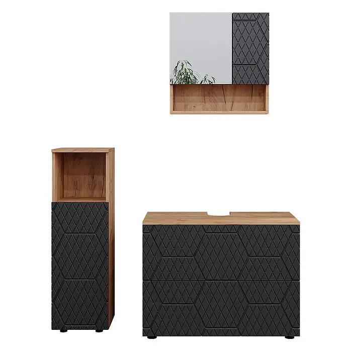 Vicco Badmöbel-Set Irma, Anthrazit mit Wabenstruktur 80 cm -  - Modernes 3-teiliges Badmöbel-Set mit dunkelgrauen geometrischen Fronten und hellen Holzdetails: Spiegelschrank, Hochschrank, Waschtischunterschrank.