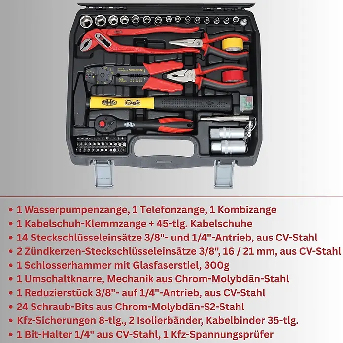 Famex Werkzeugkoffer - L x B x H: 41 x 31,5 x 9,5 cm, 86 -tlg. - Schwarzer Werkzeugkoffer mit umfangreichem Set an Handwerkzeugen, darunter Zangen, Hammer, Ratsche, Steckschlüsseln und Bits für diverse Aufgaben.