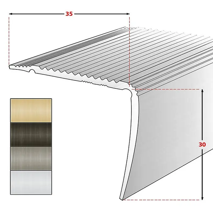 Floordirekt Treppenkantenprofil Integral Selbstklebend 134 x 3 x 3,5 cm Silber - Aluminium, Silber - Metallische Treppenkante, 35x30mm, geriffelte Oberfläche. Zeigt Farbmuster (Gold, Bronze, Silber, gebürstet).