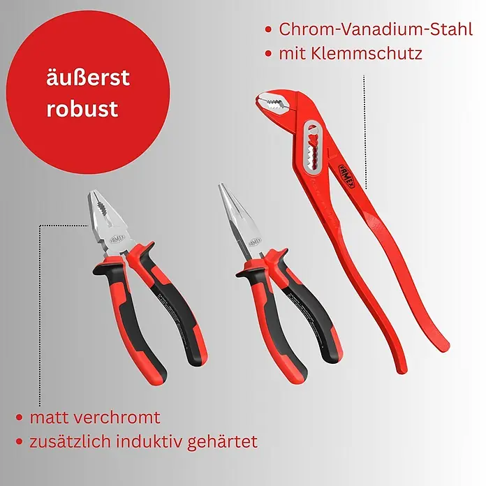 Famex Werkzeugkoffer - L x B x H: 41 x 31,5 x 9,5 cm, 86 -tlg. - Rote Kombinationszange, Spitzzange und Wasserpumpenzange aus induktiv gehärtetem Chrom-Vanadium-Stahl.