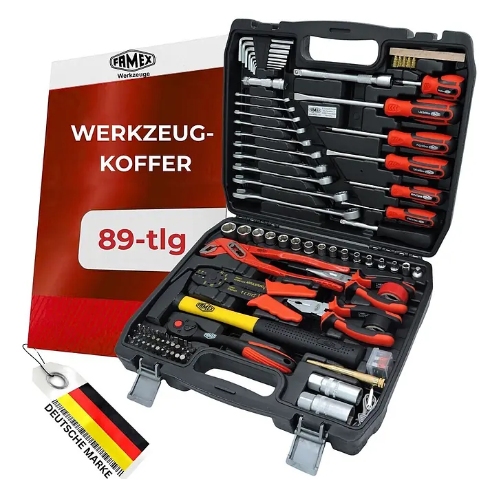 Famex Werkzeugkoffer - L x B x H: 41 x 31,5 x 9,5 cm, 86 -tlg. - Famax 89-teiliger Werkzeugkoffer aus schwarzem Kunststoff mit vielfältigen Handwerkzeugen für Reparaturen.