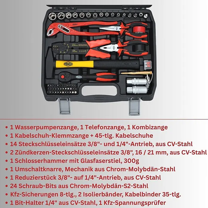 Famex Werkzeugkoffer - L x B x H: 41 x 31,5 x 9,5 cm, 86 -tlg. - Schwarzer Werkzeugkoffer mit Zangen, Hammer, Steckschlüsseln, Schraub-Bits und anderen Handwerkzeugen.