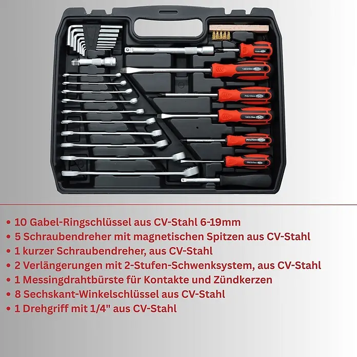 Famex Werkzeugkoffer - L x B x H: 41 x 31,5 x 9,5 cm, 86 -tlg. - 28-teiliges Chrom-Vanadium-Stahl Werkzeugset in schwarzem Koffer, mit Schlüsseln, Schraubendrehern, Inbusschlüsseln, Verlängerungen und Drahtbürste.