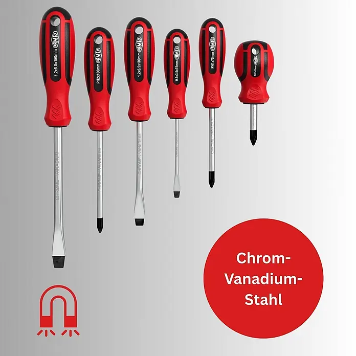 Famex Werkzeugkoffer - L x B x H: 41 x 31,5 x 9,5 cm, 86 -tlg. - Satz von 6 Schraubendrehern mit rot-schwarzen Griffen, Klingen aus Chrom-Vanadium-Stahl und magnetischen Spitzen.