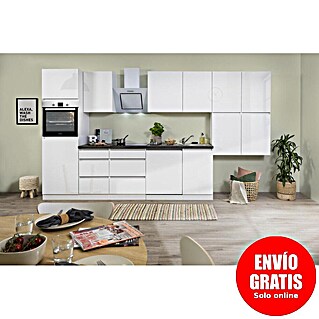 Respekta Premium Cocina modular completa Lorena (Ancho: 380 cm, Blanco, Brillo intenso, Decoración encimera: Efecto piedra, Sin electrodomésticos)