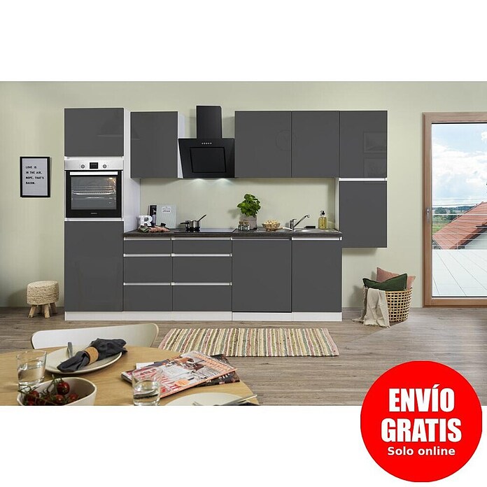 Respekta Premium Cocina modular completa Lorena (Ancho: 330 cm, Gris, Brillo intenso, Decoración encimera: Efecto piedra, Sin electrodomésticos) | BAUHAUS