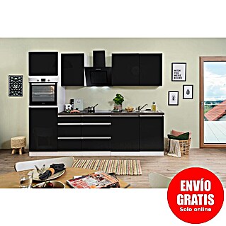 Respekta Premium Cocina modular completa Lorena (Ancho: 280 cm, Negro, Brillo intenso, Decoración encimera: Efecto piedra, Sin electrodomésticos)