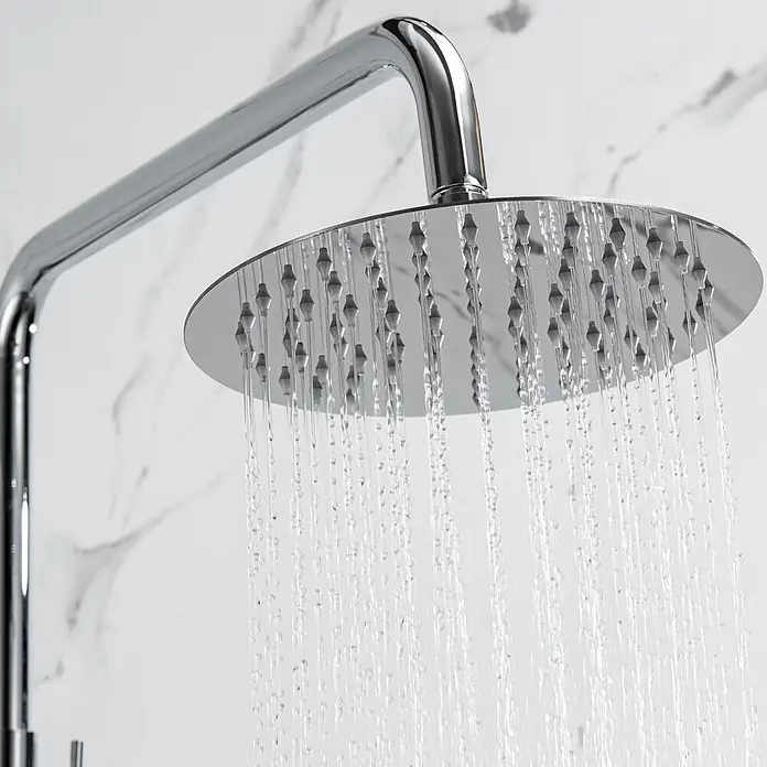 LOMAZOO Duschsystem LMZ-ARIEL - Lochabstand: 15 cm, Anzahl Strahlarten: 1 Stk., Chrom - Chrom-Duschkopf, aus dem Wasserstrahlen fließen.