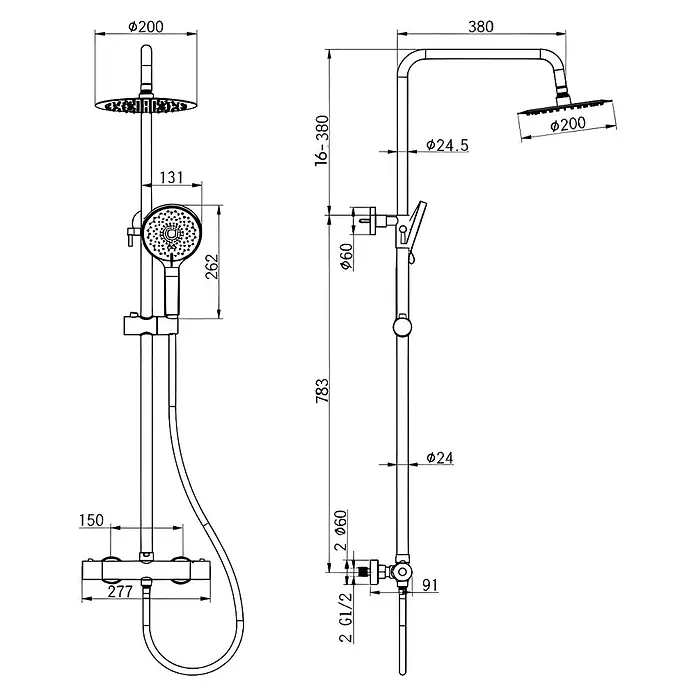 LOMAZOO Duschsystem LMZ-ARIEL - Lochabstand: 15 cm, Anzahl Strahlarten: 1 Stk., Chrom - Technische Zeichnung einer kompletten Duschsäule mit runder Kopfbrause und Handbrause, inklusive Maßen.