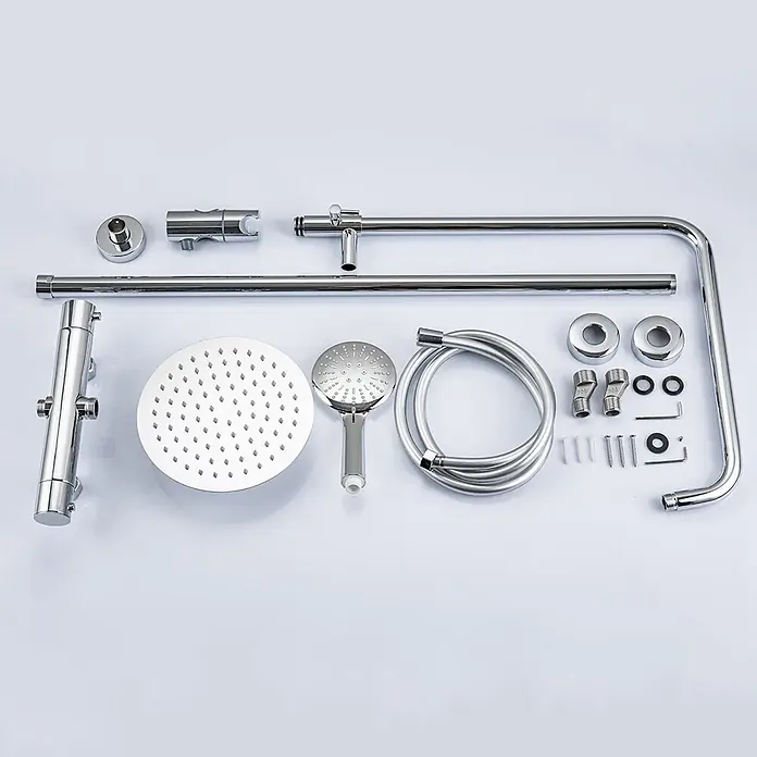 LOMAZOO Duschsystem LMZ-ARIEL - Lochabstand: 15 cm, Anzahl Strahlarten: 1 Stk., Chrom - Verchromtes Duschsystem-Set, zerlegt, mit Regenbrause, Handbrause, Schlauch, Mischer und Montageteilen.