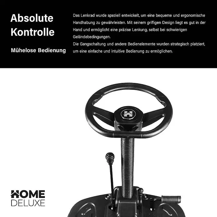 Home Deluxe Benzin-Aufsitzmäher REAPER - 196 cm³, Schnittbreite: 600 mm - Schwarzes Lenkrad und Schalthebel eines Fahrspielzeugs.
