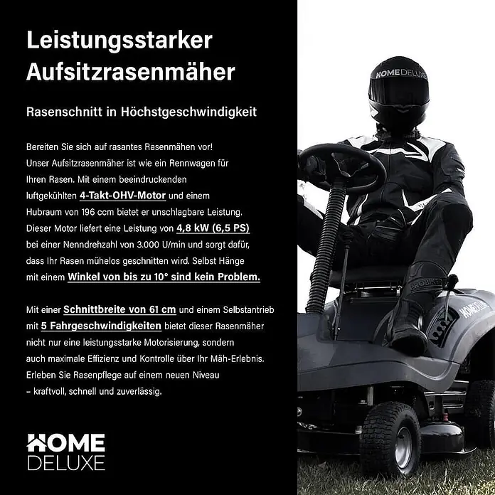 Home Deluxe Benzin-Aufsitzmäher REAPER - 196 cm³, Schnittbreite: 600 mm - Schwarzer Aufsitzrasenmäher mit Fahrer in Helm und Schutzanzug.