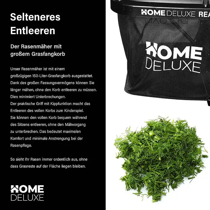Home Deluxe Benzin-Aufsitzmäher REAPER - 196 cm³, Schnittbreite: 600 mm - Schwarzer Grasfangkorb für Rasenmäher mit Home Deluxe-Logo, daneben frischer Rasenschnitt.
