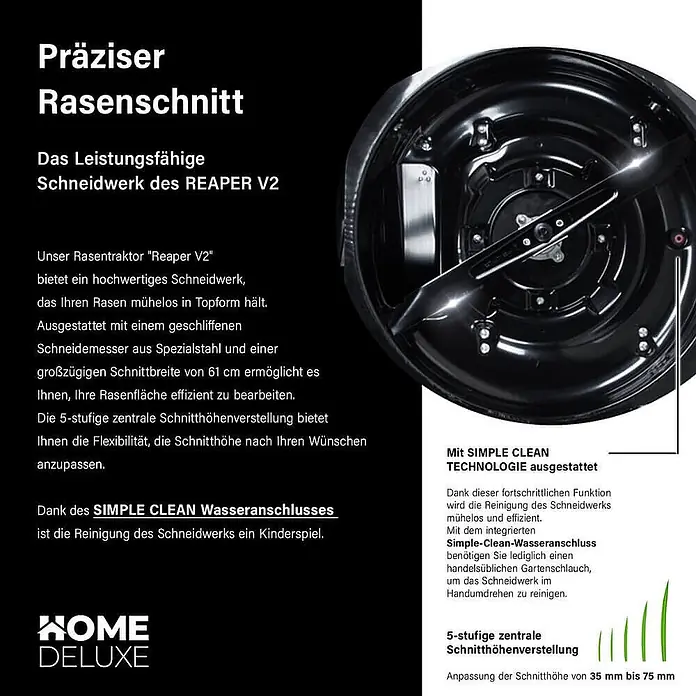 Home Deluxe Benzin-Aufsitzmäher REAPER - 196 cm³, Schnittbreite: 600 mm - Schwarzes Rasenmäher-Schneidwerk aus Metall mit scharfer silberner Klinge und sichtbarem Wasseranschluss, 61 cm Schnittbreite.