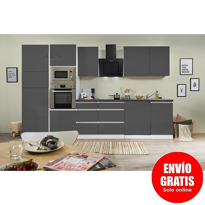 Respekta Premium Composición de cocina (Ancho: 345 cm, Con dispositivos eléctricos, Gris de alto brillo)