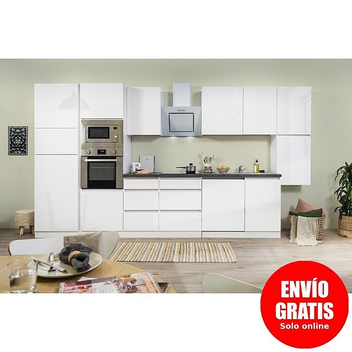 Respekta Premium Composición de cocina (Ancho: 395 cm, Con dispositivos eléctricos, Blanco de alto brillo)