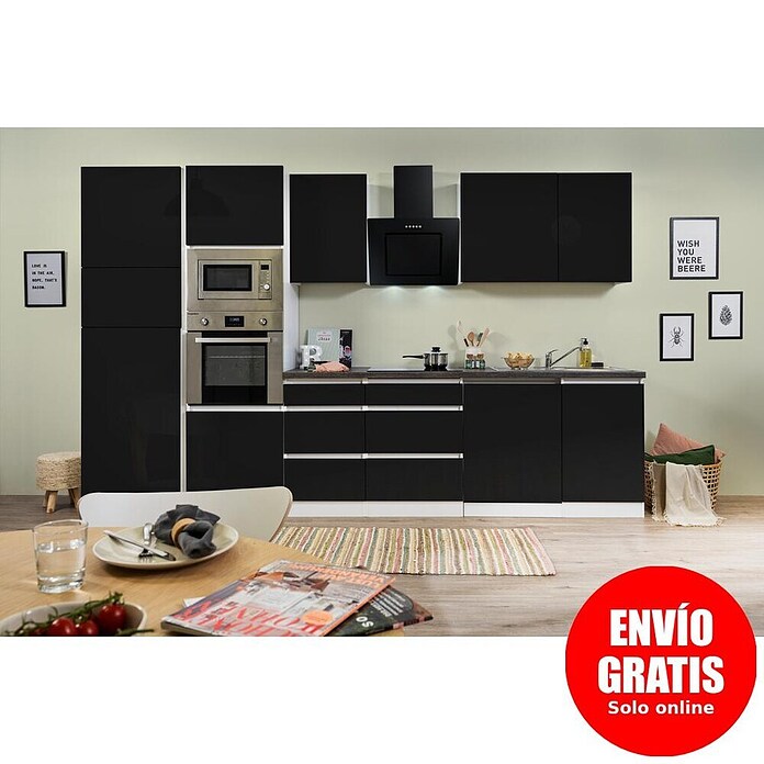 Respekta Premium Composición de cocina (Ancho: 345 cm, Con dispositivos eléctricos, Negro de alto brillo)