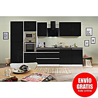 Respekta Premium Composición de cocina Lorena (Ancho: 345 cm, Blanco/Negro, Brillo intenso, Decoración encimera: Efecto piedra, Con electrodomésticos)