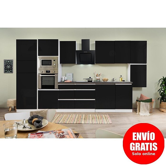 Respekta Premium Composición de cocina (Ancho: 395 cm, Con dispositivos eléctricos, Negro de alto brillo)