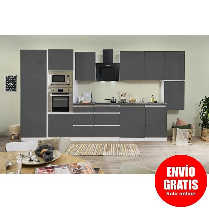 Respekta Premium Composición de cocina (Ancho: 395 cm, Con dispositivos eléctricos, Gris de alto brillo)