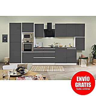 Respekta Premium Composición de cocina Lorena (Ancho: 395 cm, Blanco/Gris, Brillo intenso, Decoración encimera: Efecto piedra, Con electrodomésticos)