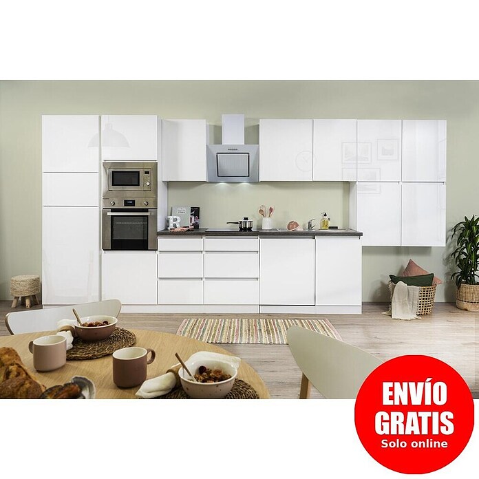 Respekta Premium Composición de cocina (Ancho: 445 cm, Con dispositivos eléctricos, Blanco de alto brillo)