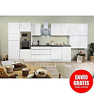 Respekta Premium Composición de cocina Lorena (Ancho: 445 cm, Blanco, Brillo intenso, Decoración encimera: Efecto piedra, Con electrodomésticos)