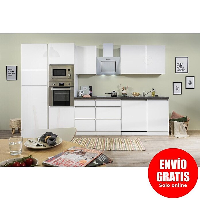 Respekta Premium Composición de cocina (Ancho: 345 cm, Con dispositivos eléctricos, Blanco de alto brillo)