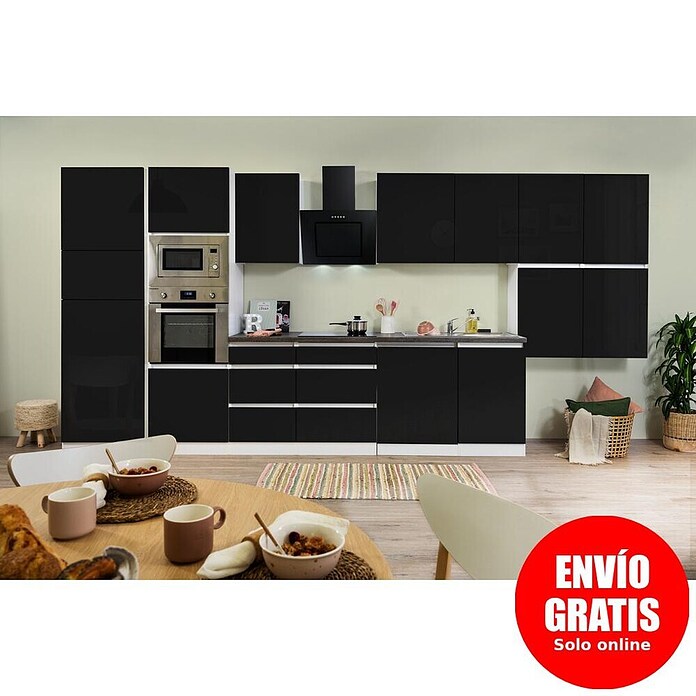 Respekta Premium Composición de cocina (Ancho: 445 cm, Con dispositivos eléctricos, Negro de alto brillo)