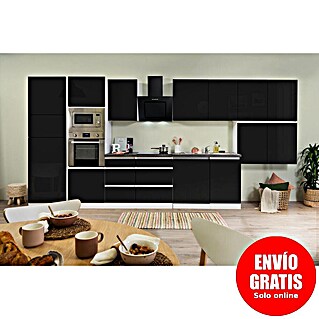 Respekta Premium Composición de cocina Lorena (Ancho: 445 cm, Blanco/Negro, Brillo intenso, Decoración encimera: Efecto piedra, Con electrodomésticos)