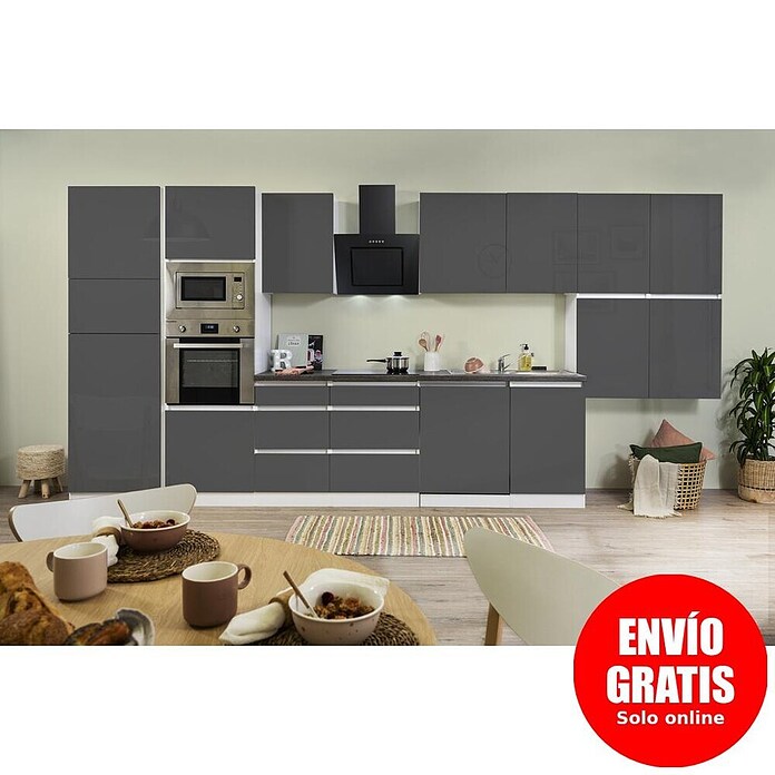 Respekta Premium Composición de cocina (Ancho: 445 cm, Con dispositivos eléctricos, Gris de alto brillo)