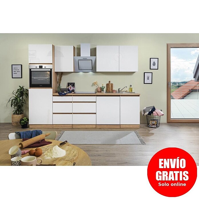 Respekta Premium Cocina modular completa Lorena (Ancho: 280 cm, Roble/Blanco, Decoración encimera: Efecto madera, Brillo intenso, Sin electrodomésticos) | BAUHAUS