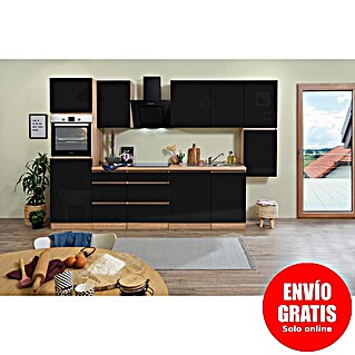 Respekta Premium Cocina modular completa Lorena (Ancho: 330 cm, Roble/Negro, Decoración encimera: Efecto madera, Brillo intenso, Sin electrodomésticos)