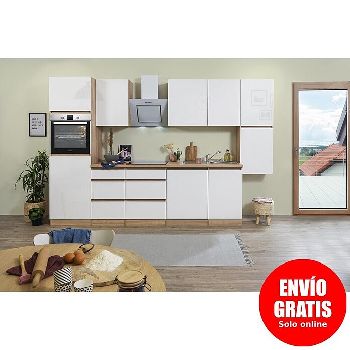 Respekta Premium Cocina modular completa Lorena (Ancho: 330 cm, Roble/Blanco, Decoración encimera: Efecto madera, Brillo intenso, Sin electrodomésticos) | BAUHAUS
