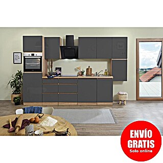 Respekta Premium Cocina modular completa Lorena (Ancho: 330 cm, Roble/Gris, Decoración encimera: Efecto madera, Brillo intenso, Sin electrodomésticos)