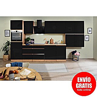 Respekta Premium Cocina modular completa Lorena (Ancho: 380 cm, Roble/Negro, Decoración encimera: Efecto madera, Brillo intenso, Sin electrodomésticos)