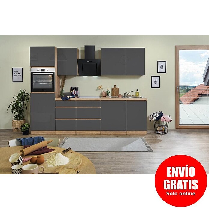 Respekta Premium Cocina modular completa Lorena (Ancho: 280 cm, Roble/Gris, Decoración encimera: Efecto madera, Brillo intenso, Sin electrodomésticos) | BAUHAUS