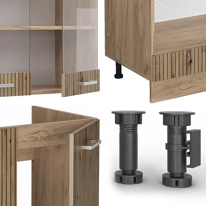 Vicco Eckküche R-Line Artisan-Eiche/Goldkraft Eiche ohne Arbeitsplatte - Artisan-Eiche, Ohne Elektrogeräte - Modulare hellbraune Schrankteile mit geriffelten Fronten und silbernen Griffen, zusammen mit dunkelgrauen verstellbaren Kunststofffüßen.