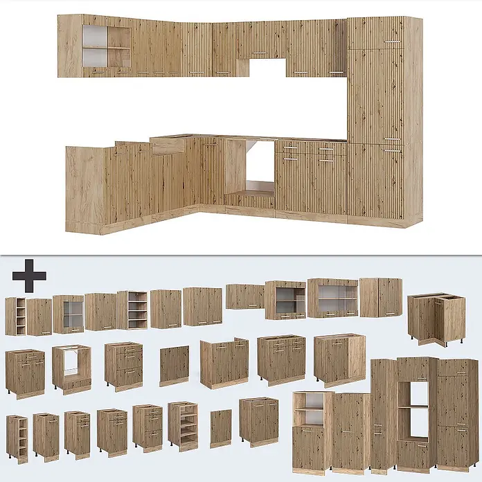 Vicco Eckküche R-Line Artisan-Eiche/Goldkraft Eiche ohne Arbeitsplatte - Artisan-Eiche, Ohne Elektrogeräte - Modulare Küchenschränke aus hellem Holz mit vertikal geriffelten Fronten. Umfasst Unter-, Ober- und Hochschränke für flexible Gestaltung.