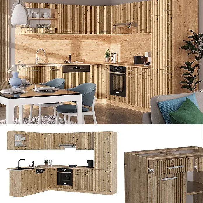 Vicco Eckküche R-Line Artisan-Eiche/Goldkraft Eiche ohne Arbeitsplatte - Artisan-Eiche, Ohne Elektrogeräte - Moderne L-förmige Küchenschränke aus hellem Holz mit Lamellendesign, inklusive Einbaugeräten und Schubladendetails.