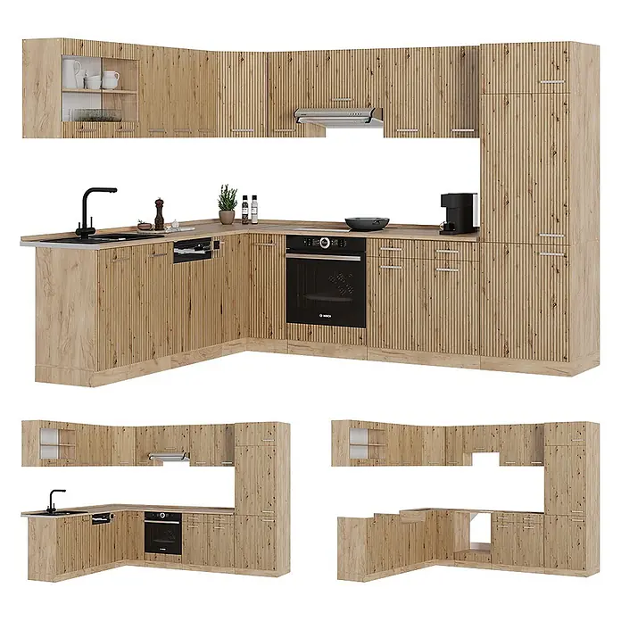 Vicco Eckküche R-Line Artisan-Eiche/Goldkraft Eiche ohne Arbeitsplatte - Artisan-Eiche, Ohne Elektrogeräte - L-förmige Küchenzeile in heller Holzoptik mit vertikal geriffelten Türen, inklusive integrierter Spüle, Backofen und Geschirrspüler.