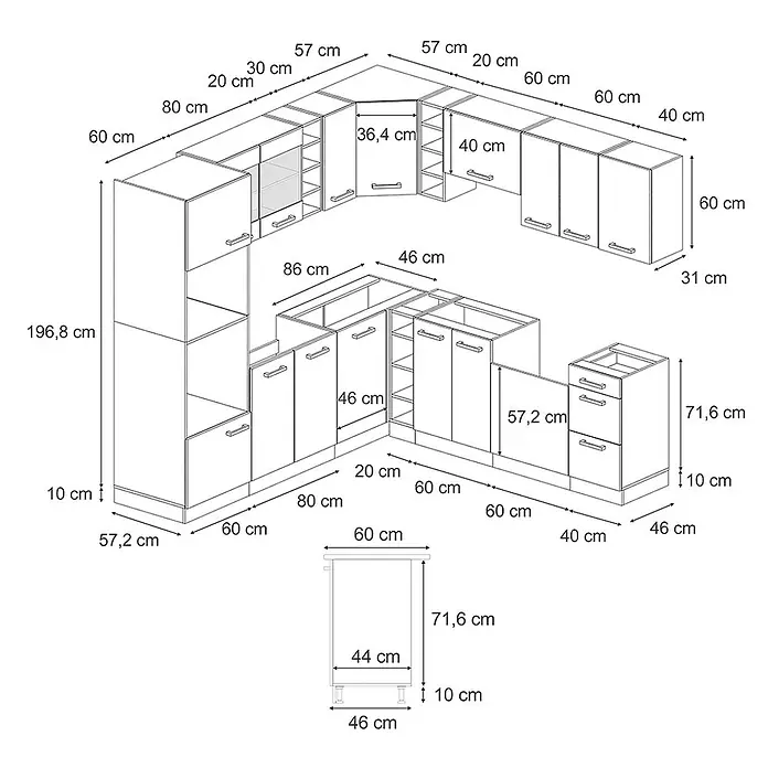 Vicco Eckküche R-Line Artisan Eiche/Anthrazit, AP Eiche - Artisan-Eiche, Ohne Elektrogeräte - Detailliertes Diagramm von Küchenschrankmodulen mit Maßen zur Planung einer Kücheneinrichtung.