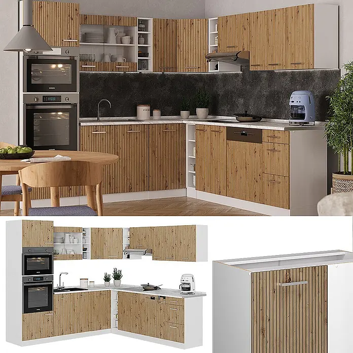 Vicco Eckküche R-Line Artisan Eiche/Weiß, AP Eiche - B x T: 247 x 60 cm, Artisan-Eiche, Ohne Elektrogeräte - L-förmige Küche mit Lamellenfronten in Holzoptik und weißen Schränken, mit integrierten Öfen, Spüle und Geschirrspüler, in modernem Ambiente.