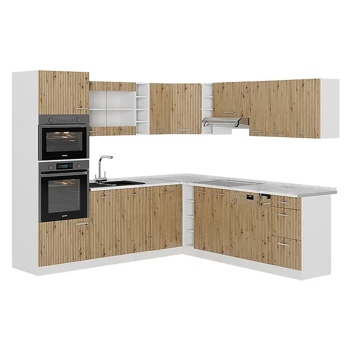 Vicco Eckküche R-Line Artisan Eiche/Weiß, AP Marmor - B x T: 247 x 60 cm, Artisan-Eiche, Ohne Elektrogeräte - Moderne L-förmige Küche mit geriffelten Holzfronten, weißen Schränken, heller Arbeitsplatte und integrierten Geräten.